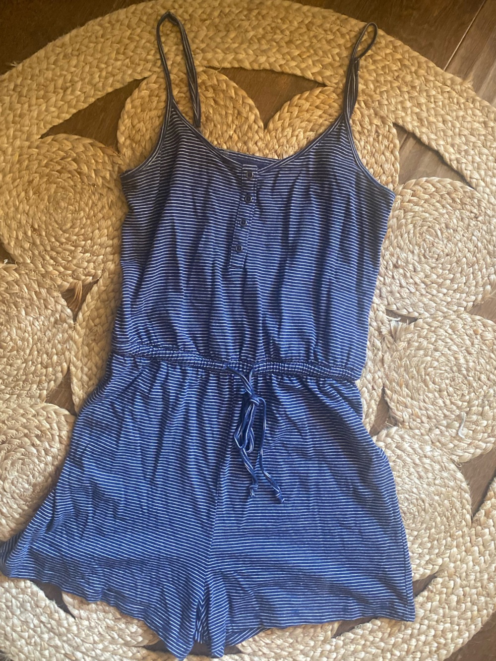 SO Navy and White Striped Spaghetti-Strap Romper